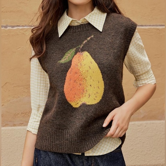 Cider Sweaters - CIDER Brown Knit Sweater Vest with PEAR Fruit GRAPHIC WOMENS SIZE L
